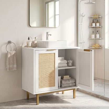 24-inch Pedestal Sink Storage Cabinet, Under Sink Cabinet (White) | U-Shaped Cut-Out | 2 Rattan Doors & Shelf | Solid Metal Legs - color: White
