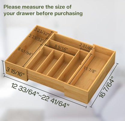 BAMEOS 3.9inch Tall Bamboo Drawer Organizer, Expandable Utensil Holder with 8 Compartments, Adjustable Kitchen Drawer Divider for Flatware, Silverware and Gadgets, Deep Storage for Home and Office - size: 3.9''H 22X16