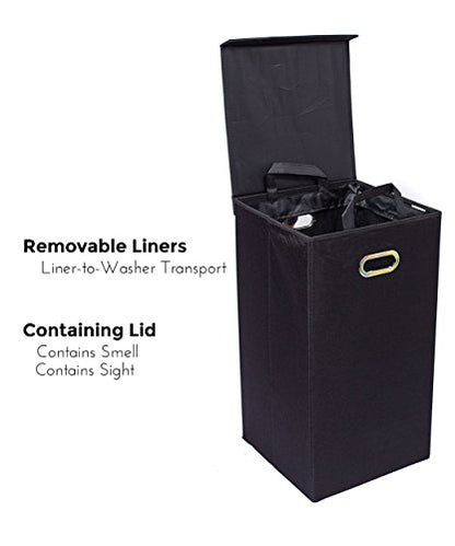 BIRDROCK HOME Single Laundry Hamper with Lid and Removable Liner | Linen | Easily Transport Laundry | Foldable Hamper | Cut Out Handles - color: Black, style: Single