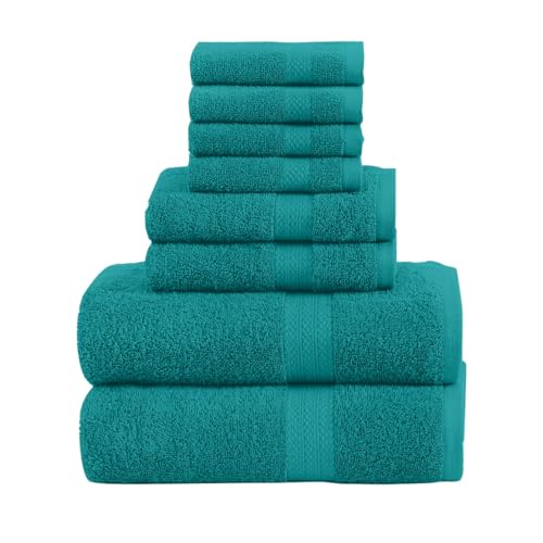 QUBA LINEN Pack of 8 Towels Set, 2 Large Bath Towels, 2 Hand Towels, 4 Wash Cloths, 100% Cotton, Lighter Weight, Quicker to Dry, Super Absorbent, Perfect for Bathroom (Teal) - color: Teal