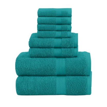 QUBA LINEN Pack of 8 Towels Set, 2 Large Bath Towels, 2 Hand Towels, 4 Wash Cloths, 100% Cotton, Lighter Weight, Quicker to Dry, Super Absorbent, Perfect for Bathroom (Teal) - color: Teal