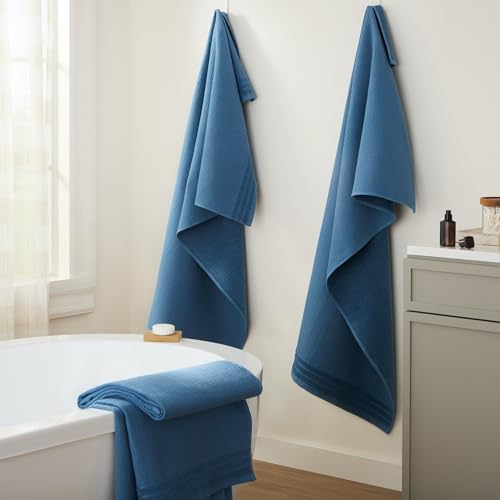 TOWN & COUNTRY BASICS 4-Piece Waffle Woven Terry Stripe Bath Towel Set, 30x56-Inch, 100% Cotton, Quick Dry, Blue - color: Blue