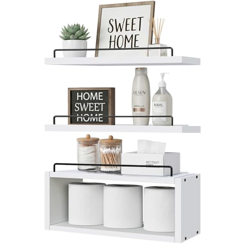 LANDNEOO Floating Shelves for Wall with Cube Shelf, Set of 3 Wood Bathroom Shelves Over Toilet for Storage, Wall Mounted Organizer with Metal Rail for Restroom Decor and Toilet Paper, White