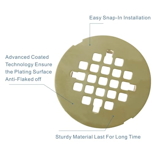 HIDROP Brushed Gold Snap-in Shower Floor Drain Cover, 4-1/4" OD Round Grid | Stainless Steel Shower Drain Cover, Snap Shower Drain Replacement, Hair Catcher, Easy-to-Install, Bathroom Shower Strainer - color: Gold