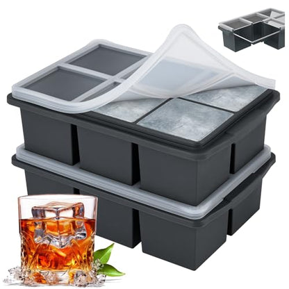Large Ice Cube Trays for Whiskey, Silicone Ice Cube Tray, with Reinforced Steel Ring Top, Makes 12 perfect 2-in ice cubes, Square Ice Tray for Cocktails, Whiskey, Coffee. (2 Pack) - color: Gray