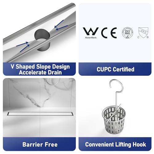 Linear Shower Drain, 304 Stainless Steel Floor Drain 18" | with Tiled Insert Grate & Hair Strainer, Bathroom 2-in-1 Tiled in Drain, CUPC Certified - color: Brushed, size: 18''