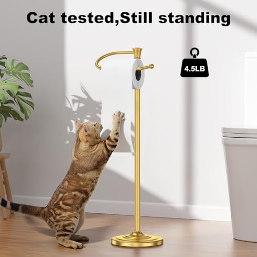 Toilet Paper Holder Free Standing, 25” H Stainless Steel Brass Gold Toilet Paper Stand, Weighted Base Floor Tissue Roll Holder for Bathroom,Toilet Roll Stand - color: Brass Gold