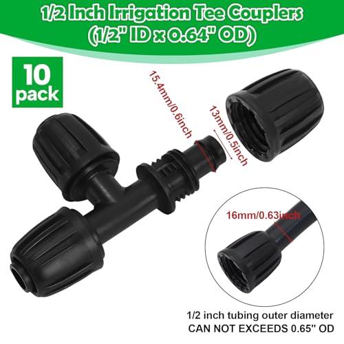 10 Pack 1/2 Inch Drip Irrigation Tee Fittings (1/2" ID x 0.65" OD) - 1/2'' Drip Line Anti-Drop Barbed Lock Nut T Connectors for 1/2 Inch Drip Irrigation Tubing System Connection - size: 1/2" Drip Tee