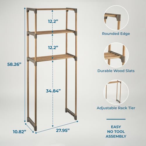 Honey-Can-Do 3-Tier Wood Over-the-Toilet Storage Shelf, Natural | Space-saving natural wood shelf fits over toilet/small appliances. 2 slatted shelves + hanging bar. Tool-free build.