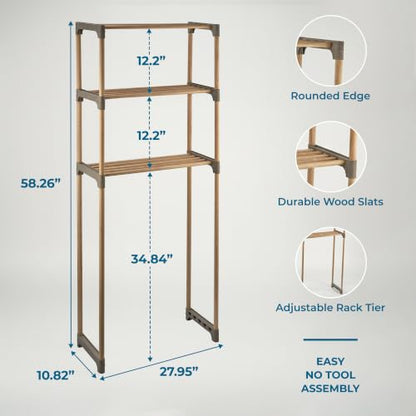 Honey-Can-Do 3-Tier Wood Over-the-Toilet Storage Shelf, Natural | Space-saving natural wood shelf fits over toilet/small appliances. 2 slatted shelves + hanging bar. Tool-free build.