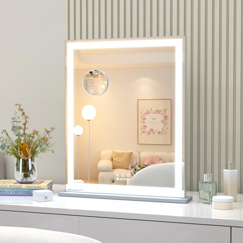 ANYHI Makeup Mirror with Lights, 24"x20.5" Lighted Vanity Mirror with 10X Magnifying, 3 Color Modes, Dimmable, Smart Touch Control, Memory Function, USB Charging Port, Tabletop/Wall Mount, Silver - color: Silver, size: 24"L x 20.5"W