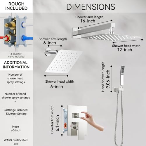 STARBATH Shower Faucet Set Shower System with Diverter Valve, Chrome | 12 Inch Rain Shower Head, 6 Inch Wall Mount Shower Head and Handheld Spray for Two Person, Luxury Shower Sets Complete - color: Chrome, size: 12"+6"-01