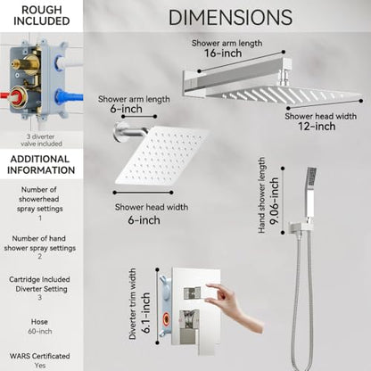 STARBATH Shower Faucet Set Shower System with Diverter Valve, Chrome | 12 Inch Rain Shower Head, 6 Inch Wall Mount Shower Head and Handheld Spray for Two Person, Luxury Shower Sets Complete - color: Chrome, size: 12"+6"-01