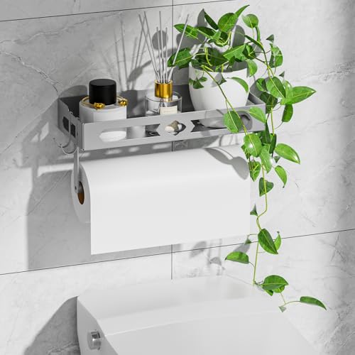 Stylish Kitchen Paper Towel Holder with Shelf - Adhesive Hand Towel Holder | Wall Mount Toilet Paper Holder Rack for Bathroom, Rust-Resistant Matte Grey Finish for RV , Easy One-Handed Operation Design - color: Gray