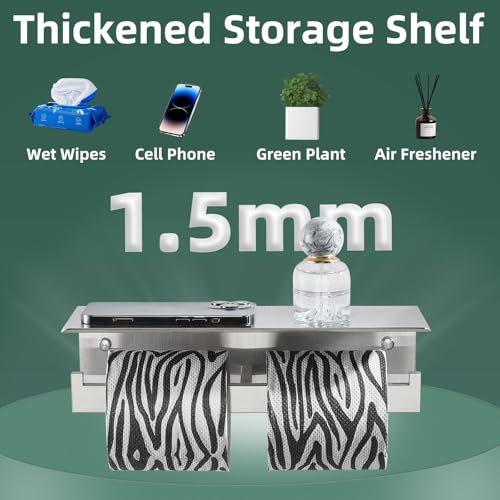 Dual Roll Toilet Paper Holder, Brushed Nickel, 304 Stainless Steel | Multiuse Top Shelf, Air Freshener & Tissue Storage, Space-Saving Wall Design, Home & Office Restroom Use - color: Brushed Nickel, size: Double Rod