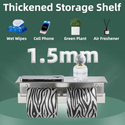 Dual Roll Toilet Paper Holder, Brushed Nickel, 304 Stainless Steel | Multiuse Top Shelf, Air Freshener & Tissue Storage, Space-Saving Wall Design, Home & Office Restroom Use - color: Brushed Nickel, size: Double Rod