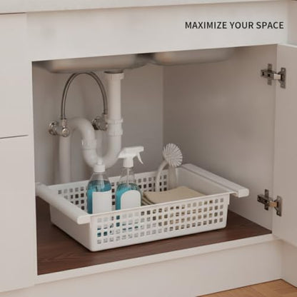 Adjustable Telescopic Tension Shelf for Under Sink Storage, No-Drill PP Plastic Cabinet Organizer Rack, White (1 Pack) - size: 14.57 x 9.84 x 3.15 in