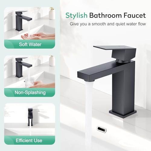 Faustina Matte Black Bathroom Faucet, Single Handle Stainless Steel Bathroom Vanity Faucet with Metal Pop-Up Drain and Deck Plate for 1 or 3 Hole - color: Black, style: Classic