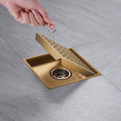 Shower Drain, Brushed Gold 6 inch Shower Floor Square Drain with Flange, Removeable Grid Panel SUS 304 Stainless Steel Square Shower Drain - color: Brushed Gold, size: 6 inch