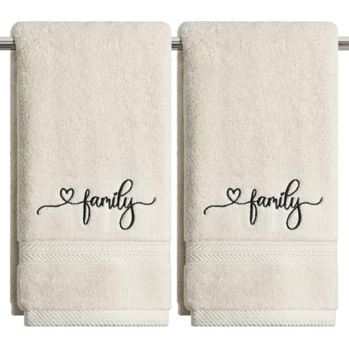 Artoid Mode 2 Pcs Beige Family Embroidered Hand Towels for Bathroom, 100% Cotton Soft Absorbent Farmhouse Decor Towels, 13.7 x 29.5 Inch - color: Beige, size: 13.7" x 29.5", 2PCS