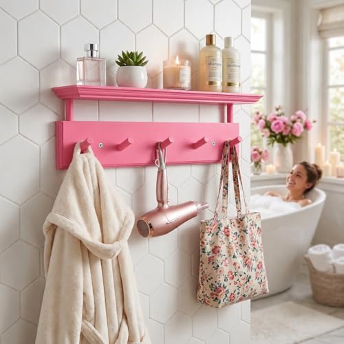 Matías Coat Rack Wall Mount with Shelf, 18 Inch Solid Wood Peg Rail, Wall Mounted Coat Rack with 5 Hooks, Wall Mount Shelf for Entryway, Bathroom or Bedroom (Pink) - color: Pink
