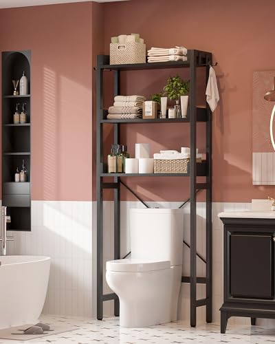Ecoprsio Over-The-Toilet Storage Rack, 3-Tier Bathroom Organizer Shelf Over Toilet, Freestanding Space Saver Toilet Stands with 4 Hooks, Black - color: Black