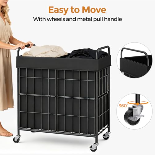 100L 2-Section Laundry Hamper with Wheels, Laundry Basket with Liner Bag | Lockable Casters; Divided Removable Liner; Reinforced Steel Frame; Metal Handle - color: Black, size: 100L-2 Sections