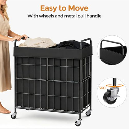 100L 2-Section Laundry Hamper with Wheels, Laundry Basket with Liner Bag | Lockable Casters; Divided Removable Liner; Reinforced Steel Frame; Metal Handle - color: Black, size: 100L-2 Sections