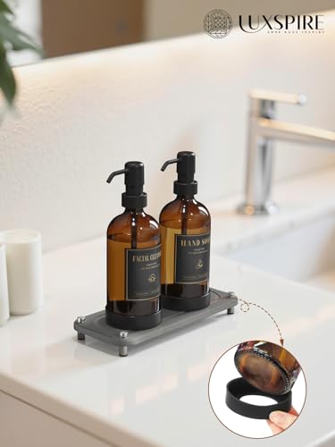 Luxspire 17 oz Glass Liquid Soap Dispenser Set, Amber + Dark Gray, 2 Pack | Anti-drip pump, wide mouth easy refill, non-slip silicone base, 7 waterproof labels, refillable glass for hand dish soap - color: Brown+gray