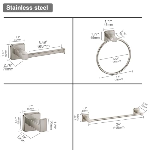 Bathroom Hardware Accessories Set 4 Pieces, Brushed Nickel Stainless Steel Towel Bar Set, Includes 24In Towel Bar, Towel Ring, Robe Towel Hooks,Toilet Paper Holder, Bathroom Towel Rack Set - color: Brushed Nickel, size: 24Inch