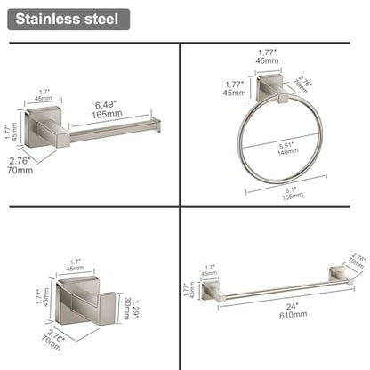 Bathroom Hardware Accessories Set 4 Pieces, Brushed Nickel Stainless Steel Towel Bar Set, Includes 24In Towel Bar, Towel Ring, Robe Towel Hooks,Toilet Paper Holder, Bathroom Towel Rack Set - color: Brushed Nickel, size: 24Inch
