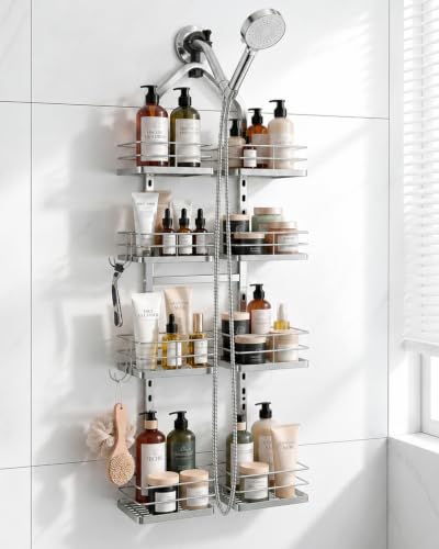4-Tier Adjustable Hanging Shower Caddy for Handheld Showerhead, Silver | Rustproof Shower Rack Baskets, Anti-Swing Hanging Shower Organizer for Bathroom Storage with 2 S-Hooks, Large Capacity - color: 4-Tier Silver