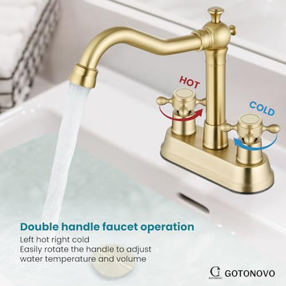 gotonovo 4 Inch Centerset Bathroom Faucet 2 Cross Handles Deck Mount 2 Hole Lavatory Vanity Utility Mixer Tap with Water Supply Hoses and Pop Up Drain RV Farmhouse, Brushed Gold - color: Brushed Gold