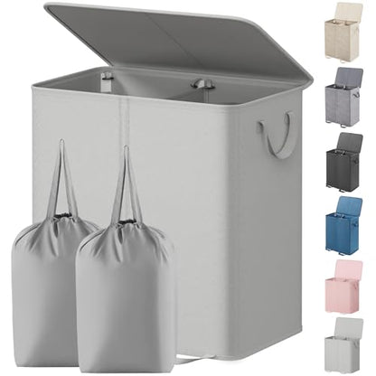 Lifewit Double Laundry Hamper with Lid and Removable Laundry Bags, Large Collapsible 2 Dividers Dirty Clothes Basket with Handles for Bedroom Laundry Room Closet Bathroom College, 155L Silver Gray - color: Silver Gray, size: 155L