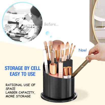 Makeup Brush Holder with Lid, 360 Rotating Multifunction Clear Dustproof Skincare Cosmetic Tools Storage Organizer for Vanity Desktop Bathroom Countertop (Black) - color: Black