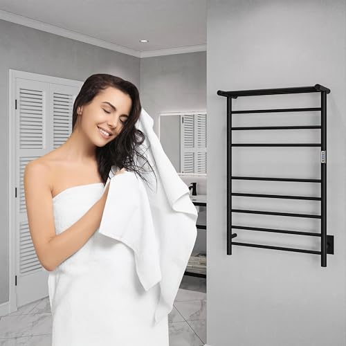 ANZZI Eve Modern 8-Bar Wall Mounted Towel Warmer with Top Shelf in Matt Black, Energy Efficient 93W Electric Plug in Heated Towel Rack, Towel Heater Rail with On/Off Switch, TW-AZ012MBK - color: Matte Black