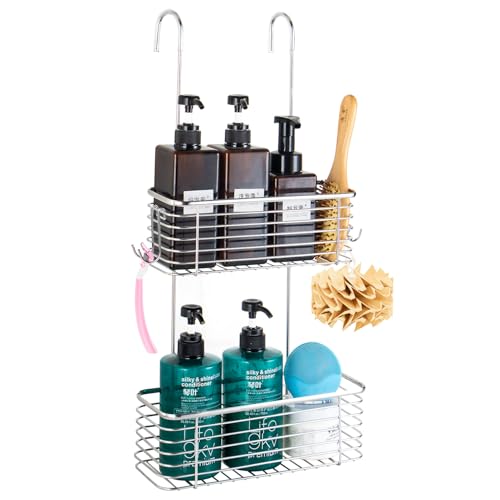 YQh Stainless steel double-layer shower rack, shower room hanging bathroom organizer, storage rack installed on the hanging bar or door, can store shampoo, hair conditioner, shower gel (double) - size: double layer shelf
