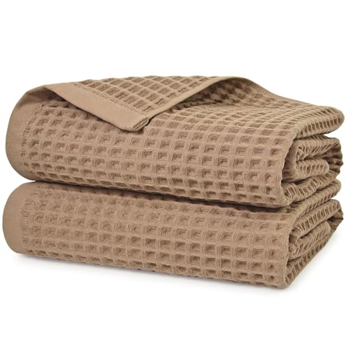 Jacquotha Waffle Bath Towels 2-Piece (Tan) - Cotton, Soft, Lightweight | 31” x 62” Large Bath Towel for Bathroom, Shower, Spa, Beach - color: Tan