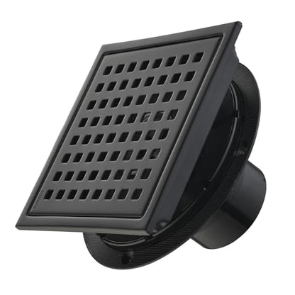 6 Inch Square Shower Drain with Flange,Matte Black，Quadrato Pattern Grate Removable,Food-Grade SUS 304 Stainless Steel，with Hair Strainer - color: 6-inch Matte Black