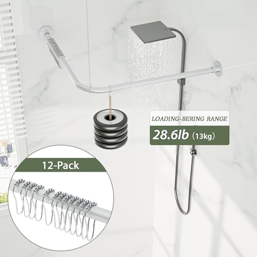 L Shaped Shower Curtain Rod, Adjustable 23.81"-53.15"x23.81"-53.15" Silver | Corner Shower Curtain Rod, 90 Degree, 12 Curtain Rings, for Bathroom Bathtub Clothing Store & Ceiling Support, Need to Drill