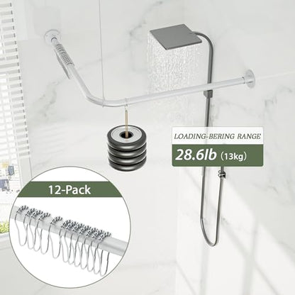 L Shaped Shower Curtain Rod, Adjustable 23.81"-53.15"x23.81"-53.15" Silver | Corner Shower Curtain Rod, 90 Degree, 12 Curtain Rings, for Bathroom Bathtub Clothing Store & Ceiling Support, Need to Drill