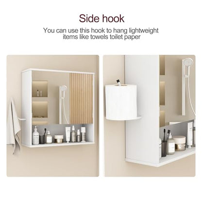 Bathroom Cabinet with Mirror & LED, Wall Mounted Bathroom Cabinet,Side Hook | Magnetic mirror Door,Detachable magnetic Light ,Adjustable Shelves,Side Hook,Open Bottom Shelf,Wood Grain,Over Toilet Mount - color: White&wood