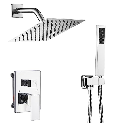 Chrome Shower System with High Pressure 8'' Rainfall Shower Head, Handheld Shower head, Bathroom Luxury Rain Mixer Shower Combo Set Wall Mounted Shower Faucet Rough-in Valve and Trim Kit - color: Polished Chrome, style: 8"- 2 Function