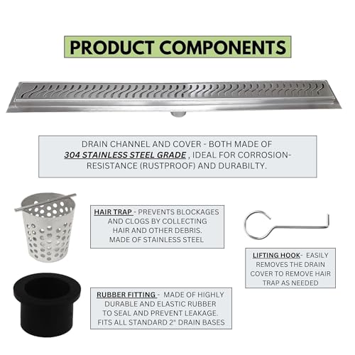 304 Stainless Steel Brushed Nickel Linear Shower Drain Kit Ocean Wave Linear Shower Drains for Tile Floor Long Hair Catcher Strainer Grate Cover Bathroom (16 Inch) - size: 16 Inch