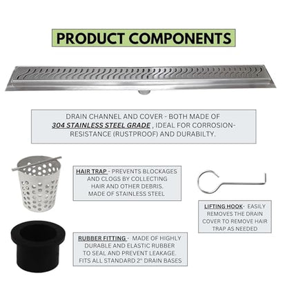 304 Stainless Steel Brushed Nickel Linear Shower Drain Kit Ocean Wave Linear Shower Drains for Tile Floor Long Hair Catcher Strainer Grate Cover Bathroom (16 Inch) - size: 16 Inch