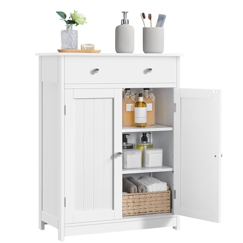 Yaheetech Small Bathroom Storage Cabinet with Drawer and 2 Doors, White | Slim Freestanding Floor Storage for Small Bathrooms, Adjustable Shelves Hold Towels, Toiletries, 12-in-Deep Beadboard MDF - color: White, style: 1 Drawer + 2 Doors