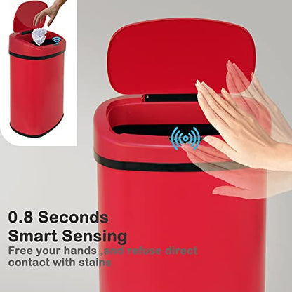Kitchen Trash Can, 13 Gallon Automatic Can with Lid and Motion Sensor for Home Office Bedroom Bathroom Living Room, Garbage Touchless Stainless Steel RED - color: RED