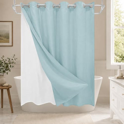 No Hook Shower Curtain Set with Snap-in Detachable Liner, 230 GSM Waffle Weave Fabric, Heavy Duty Water-Repellent, Pale Blue, 72 x 74 Inch - color: Pale Blue, size: 72"W x 74"L (Pack of 1)