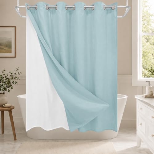 No Hook Shower Curtain Set with Snap-in Detachable Liner, 230 GSM Waffle Weave Fabric, Heavy Duty Water-Repellent, Pale Blue, 72 x 74 Inch - color: Pale Blue, size: 72"W x 74"L (Pack of 1)