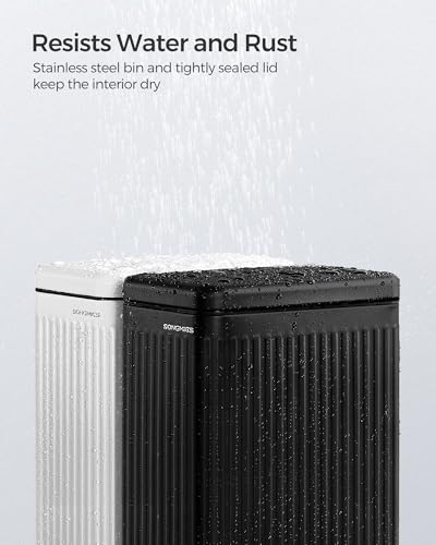 SONGMICS Bathroom Trash Can, 2.6-Gallon (10 L) Trash Bin with Lid, Slim for Small Spaces, Stainless Steel Garbage Can, Soft Close, Black ULTB562B01 | Slim Bin for Small Spaces, Soft Close, Ink Black, PATIA Collection ULTB562B01 - color: Black, style: 2.6